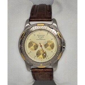 Men's Sierra Club Classic 3 Eye Silver Gold Tone Case Brown Strap Watch 13